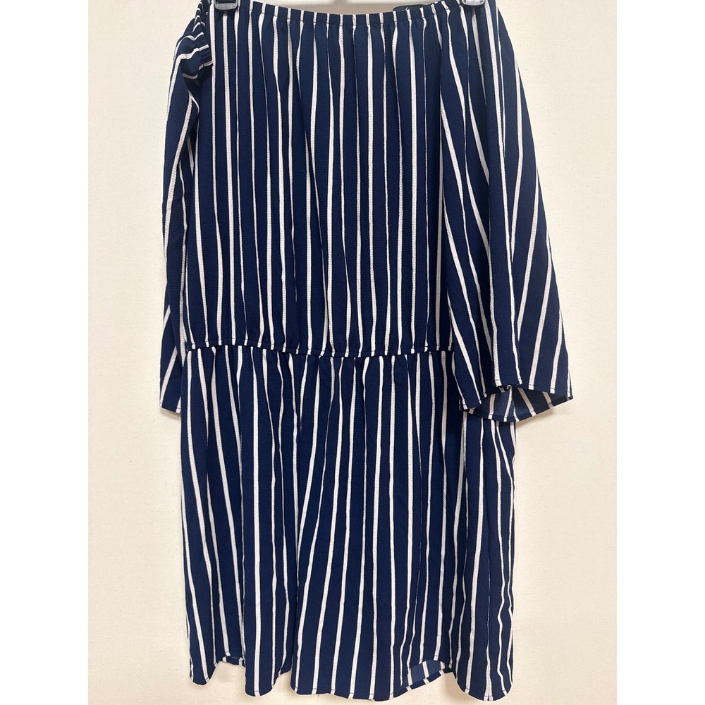 Ambiance Navy Blue White Striped Off The Shoulder Elastic Waist Dress 3X